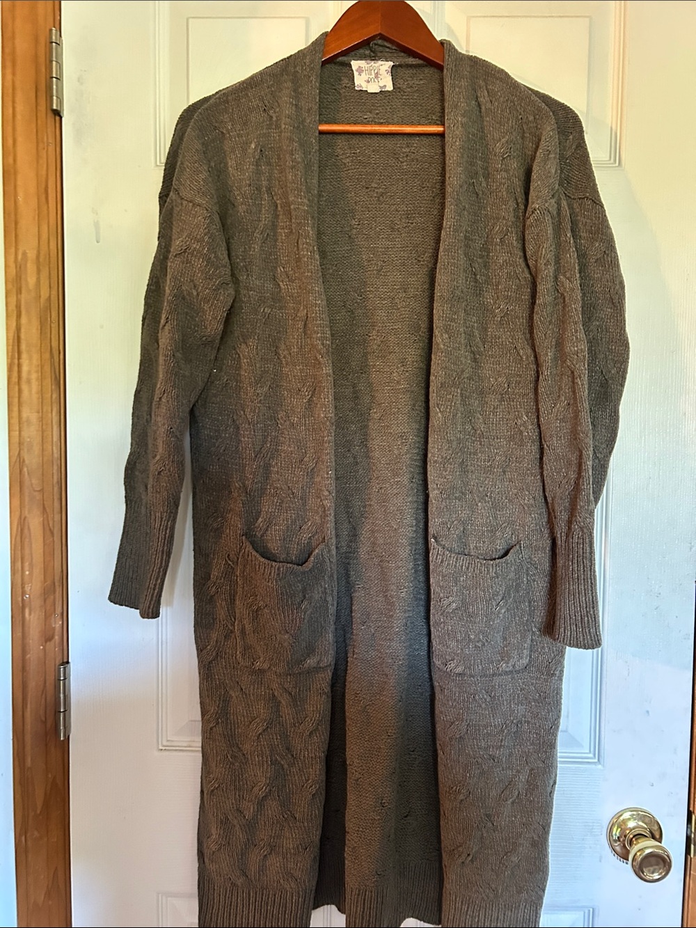 Hippie Rose Long Open-Front Cable Knit Cardigan - Olive Green